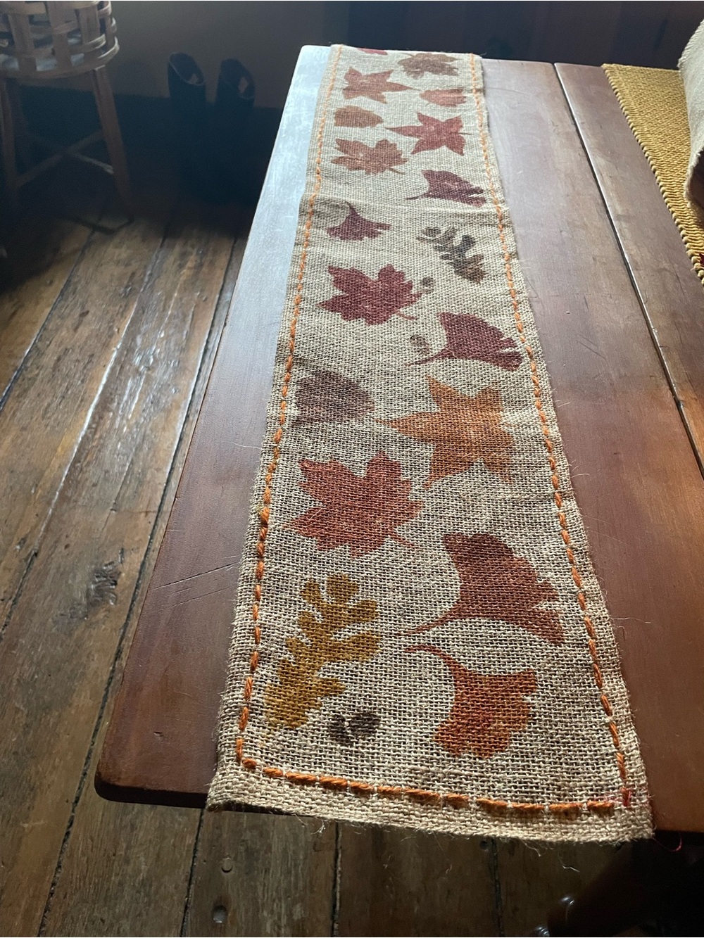 Autumn Leaf Burlap Table Runner - Neutral and Orange.